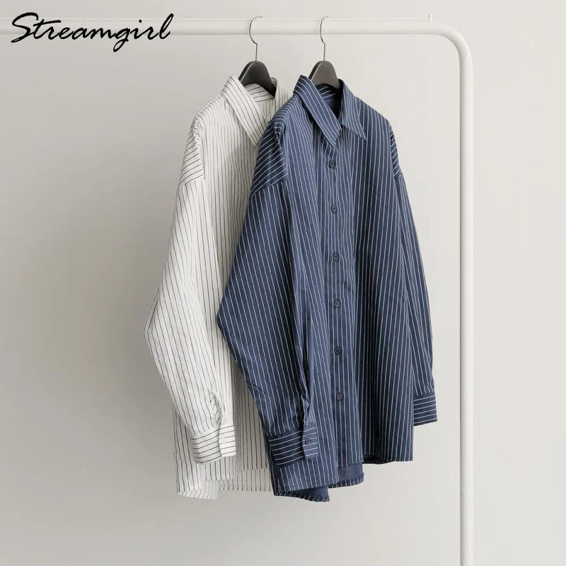 Streamgirl White Striped Shirt For Women 2021 Feminine Blouse Spring Fashion Stripe Office Button Up Shirt Women Long Sleeve