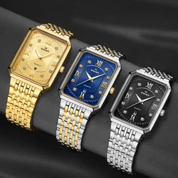 Business Fashion Silver Quartz Men Watch Diamond Date Rectangle Case Mesh Alloy Band Roman Numbers Gold Coated Steel Band