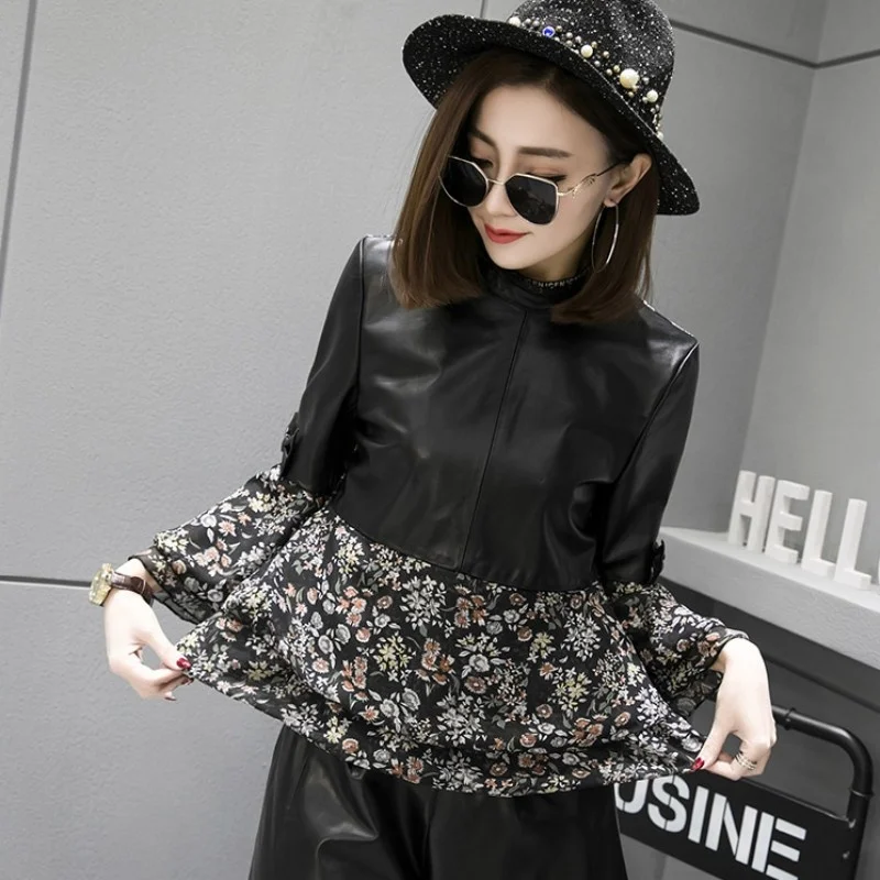 Fashion New Women Floral Printed Chiffon Patchwork Pullover Sheepskin Genuine Leather Jacket Vintage Ruffles Bow Turtleneck Tops