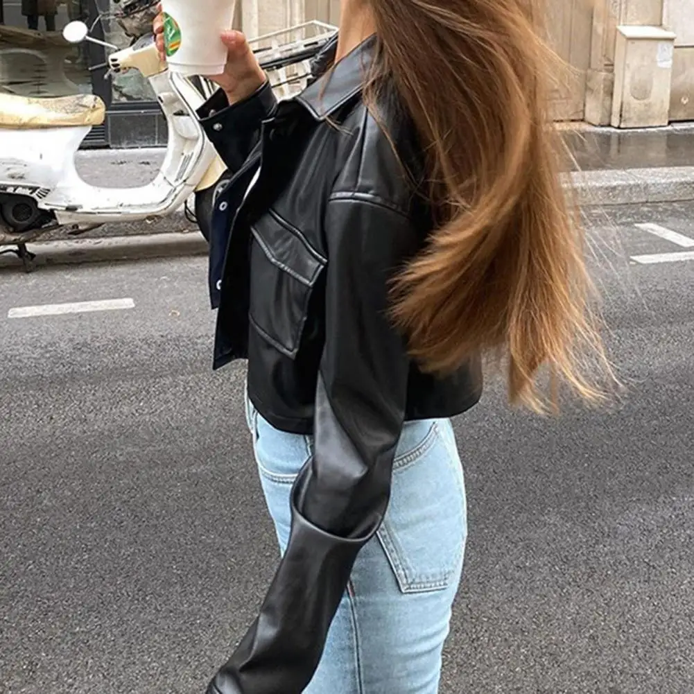 PU Leather Short Jackets Women Faux Leather Motorcycle Jacket Coat Button Solid Color Coat Harajuku Punk Style Street for Daily