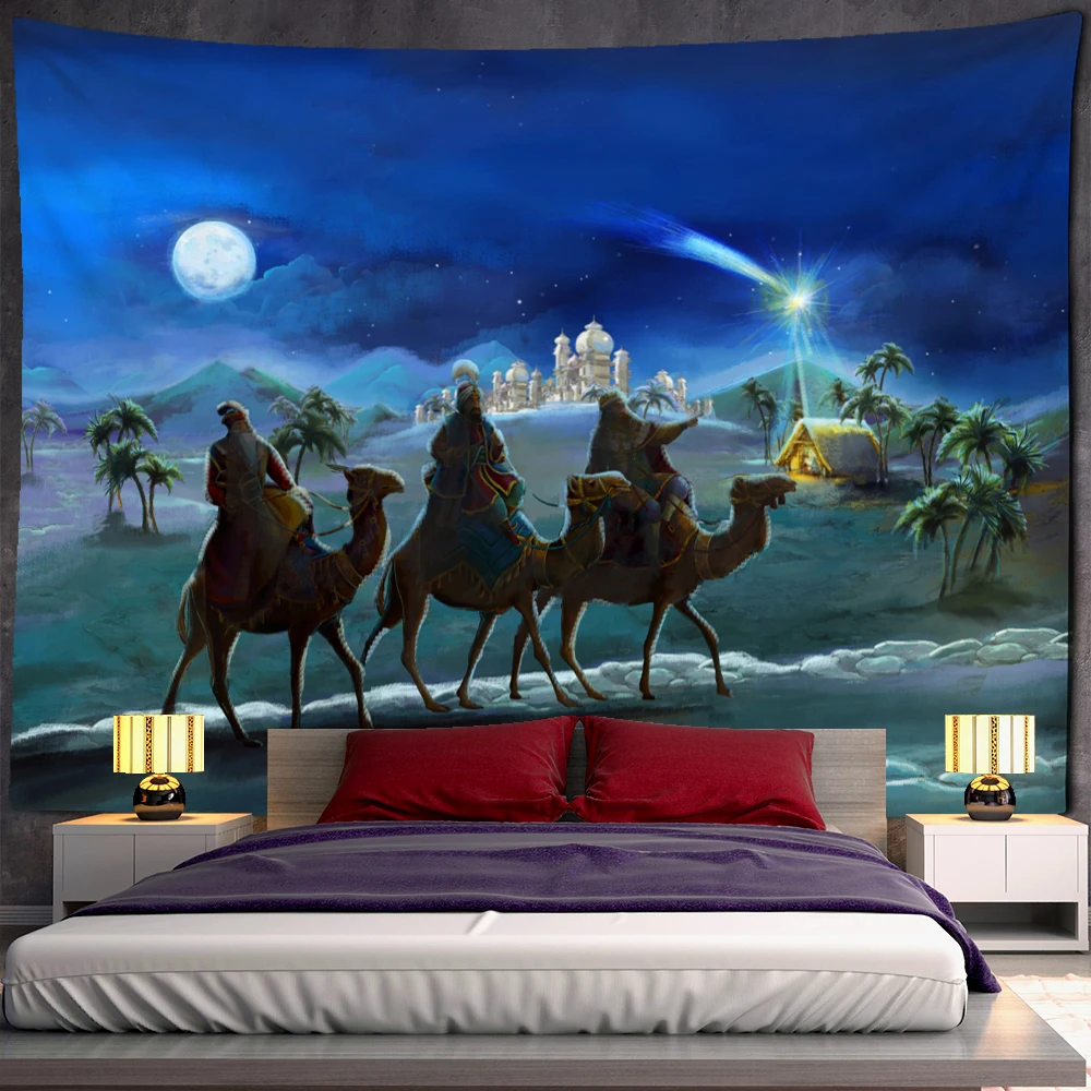 Camel Starlight Oil Painting Tapestry Wall Hanging Christmas Bohemian Style Psychedelic Witchcraft Mystery Home Decor