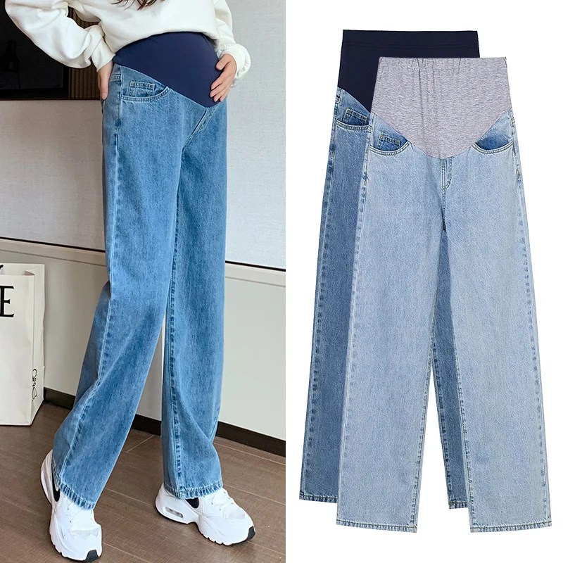 8953# Autumn Fashion Denim Maternity Straight Long Jeans Wide Leg Loose belly Pants Clothes for Pregnant Women Pregnancy Casual