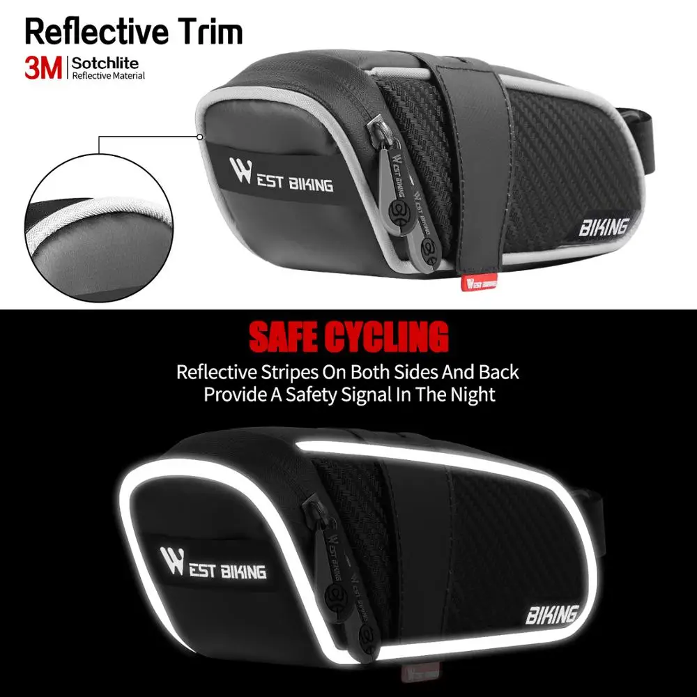 West Biking bicicleta impermeável Saddle Bag, Road Bike alforjes, Reflective Striped bicicleta Tool Holder, MTB Acessórios