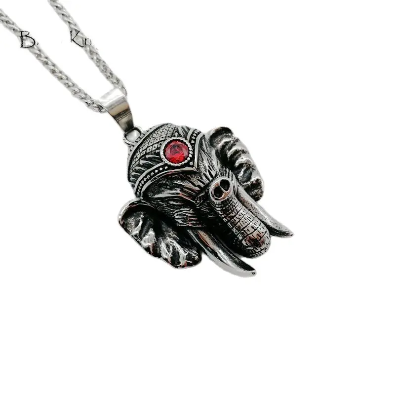 Vintage silver color 316L stainless steel Indian Ganesha necklace pendant Red stone Thailand elephant Ganesha necklace