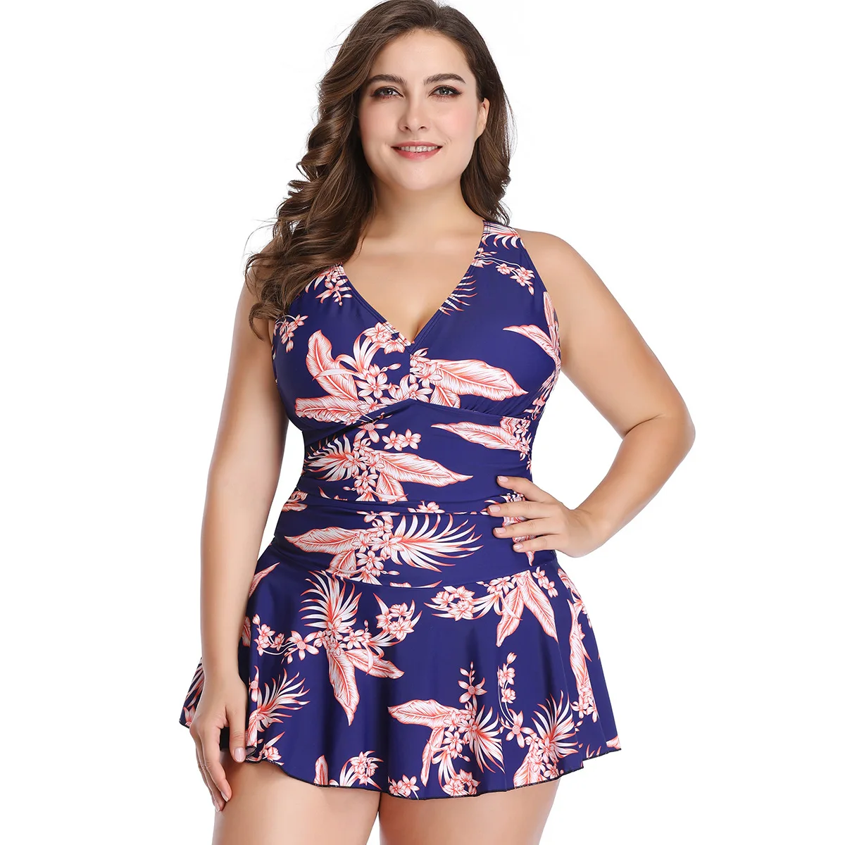 Add fertilizer plus size swimwear in Europe and America, cover belly with solid color printing skirt split  boxer trunks