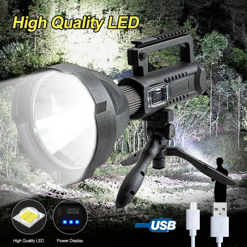 200000LM 25W XHP50 LED Searchlight  4 Light Modes USB Rechargeable Waterproof Flashlight Emergency Work Light With bracket