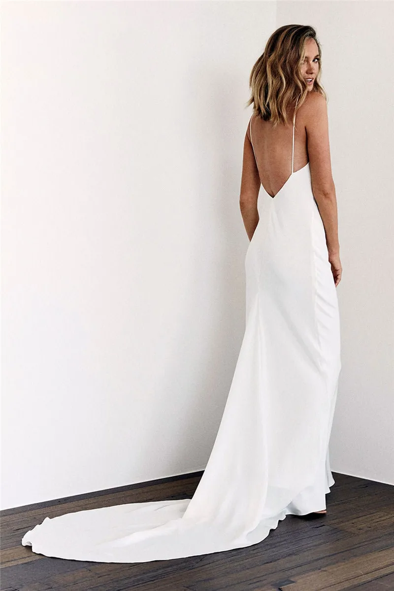 Semplici abiti da sposa Boho a sirena Sexy Backleess 2024 Spaghetti Strap abiti da sposa in Chiffon di raso con scollo a v Beach Vestido De Noiva