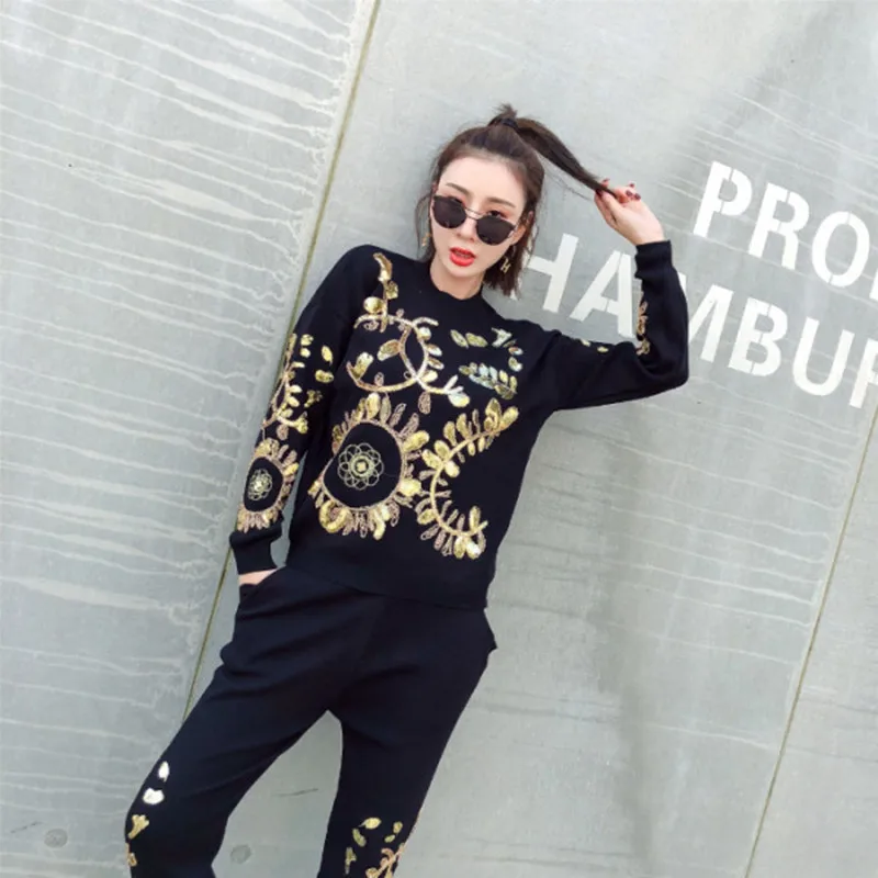 2023 Autumn 2 Piece Sets Women Gold Leaf Flower Embroidery Sequin Knitted Sweater Casual Trouser LO Women‘s Two Piece Outfits