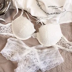 Lace bow tie straps lingerie panty sexy ultra-thin steel ring bra sets big breasts show small gather underwear set bralette