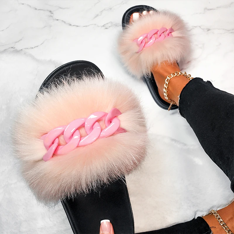 Faux Furry Fur Slippers Cute Female Fur slides Fluffy Flip Flops Designer Shiny Chain Fashion Shoes Home Beach Slippers Women