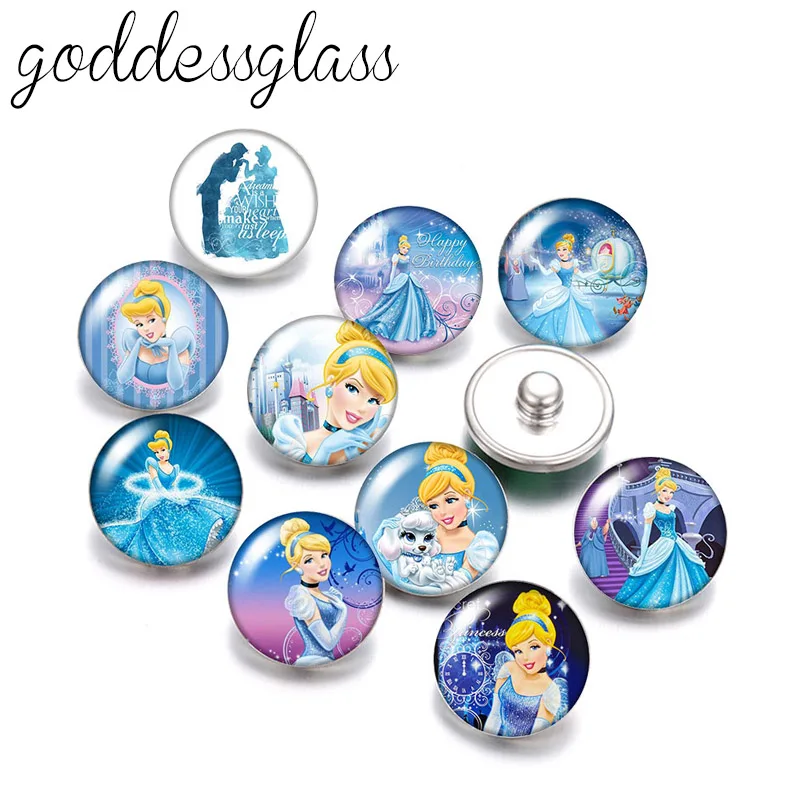 Zapatos de cristal de princesa Cenicienta de Disney, 10 Uds., foto redonda de cristal, botones a presión de 18mm para pulseras a presión de 18mm, joyería al por mayor