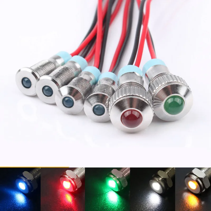 1pcs 6mm Convex head LED Metal Indicator light 6mm waterproof Signal lamp 6V 12V 24V 220v with wire red yellow blue green white