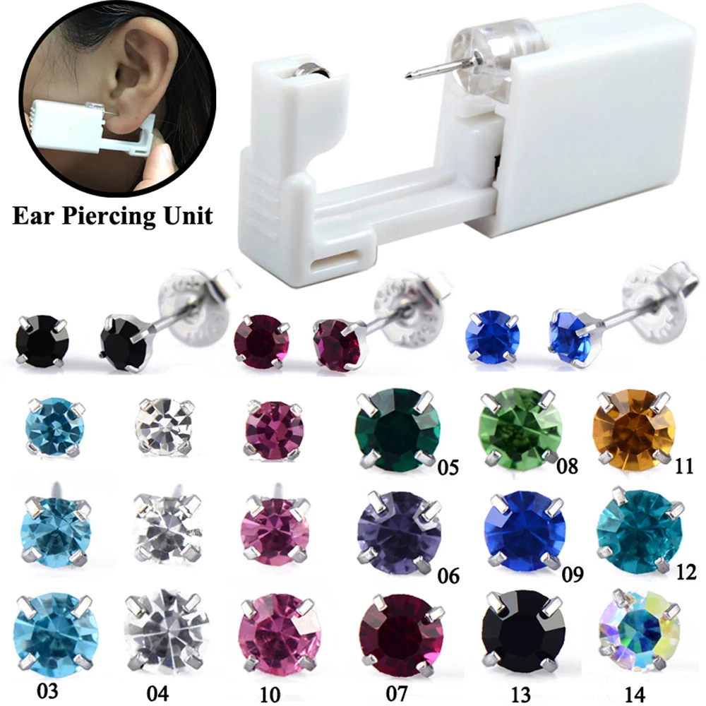 24pcs/Box Disposable No Pain Steriled Ear Puncture Gun Unit Crystal Zircon Ear Studs CZ Gem Earring Body Piercing Jewelry