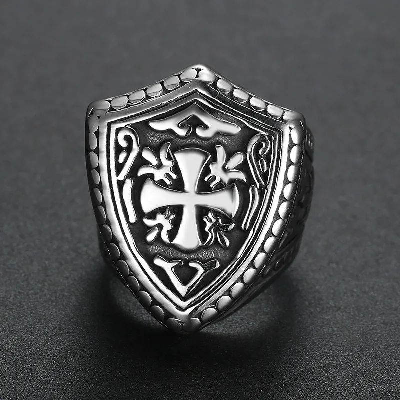 Megin D Stainless Steel Titanium Cross Totem Flower Shield Carved Gothic Punk Rings for Men Women Couple Friends Gift Jewelry