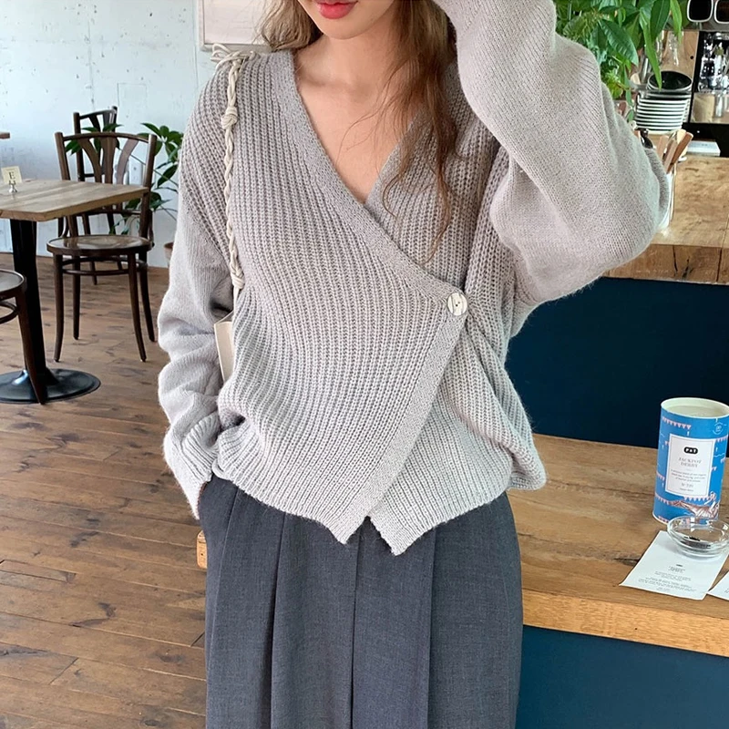 Korean V-neck Irregular Thick Warm Sweater Women Autumn Knitted Cardigan Women Sweater Tie Wrap Button Slim Top Pull Femme 17918