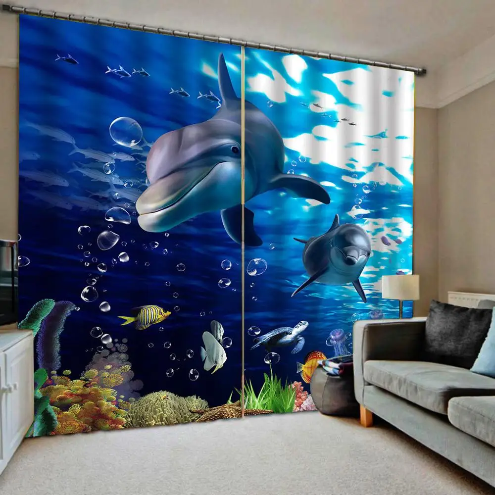 

Blue curtains ocean dolphin curtain 3D Curtain Luxury Blackout Window Curtain Living Room