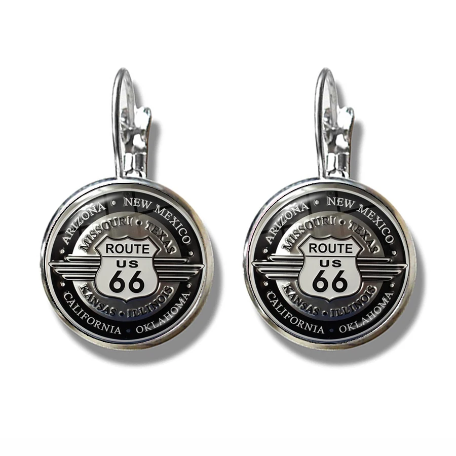 Fashion Motorcycles Pattern French Hook Earrings US Flag Route 66 Design 16mm Glass Cabochon Jewelry For Women Girls Gift