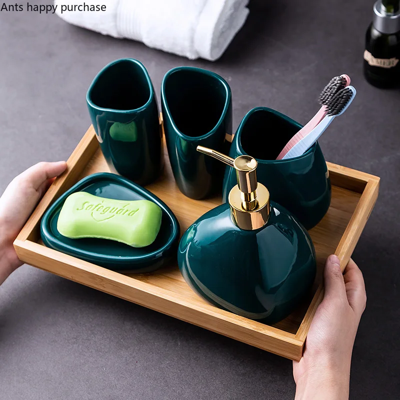 Green Ceramic Bathroom Set Bathroom Supplies Lotion Bottle Toothbrush Cup Mouth Cup Soap Dish Bathroom 5-piece Set Wood Tray