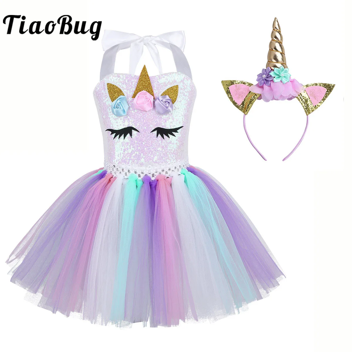 Kids Girls Flowers Princess Tutu Dress Sequins Ballet Dance Fairy Fancy Dress Up Halloween Cosplay Carnival Party Costume