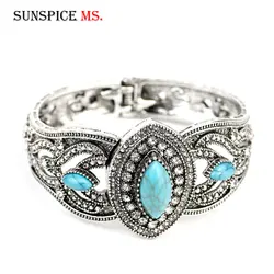 Sunspicems Vintage Natural Stone Cuff Bracelet Female Bangle Turkish Ethnic Wedding Jewelry Antique Silver Color Bohemia Bangle