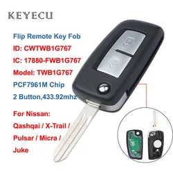 Keyecu 2 Bottoni di Vibrazione Fob Chiave A Distanza 433.92MHz PCF7961M Chip per Nissan Qashqai, X-Trail, pulsar, Micra, Juke, CWTWB1G767