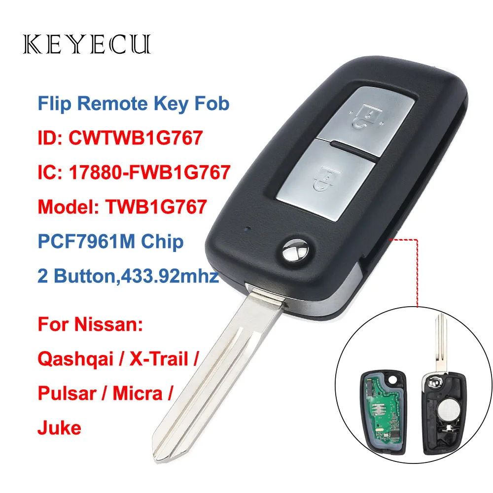 Keyecu 2 Buttons Flip Car Remote Key Fob 433.92MHz PCF7961M Chip for Nissan Qashqai,X-Trail,Pulsar,Micra,Juke, CWTWB1G767