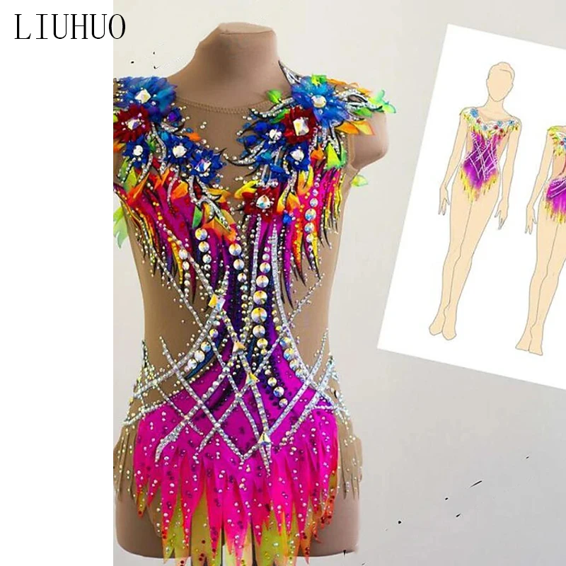 LIUHUO Figure Dress Women\'s Girls\' Ice Skating Performance Rhythmic Gymnastics Competition Dance Leotard Artistic Multicolor