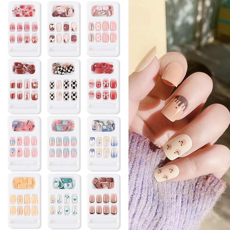 Detachable Fake Nails for Girls, Cute Fake Nails, Wearable Candy Cartoon Bear, Artificial Full Cover Nail Tips, 24Pcs