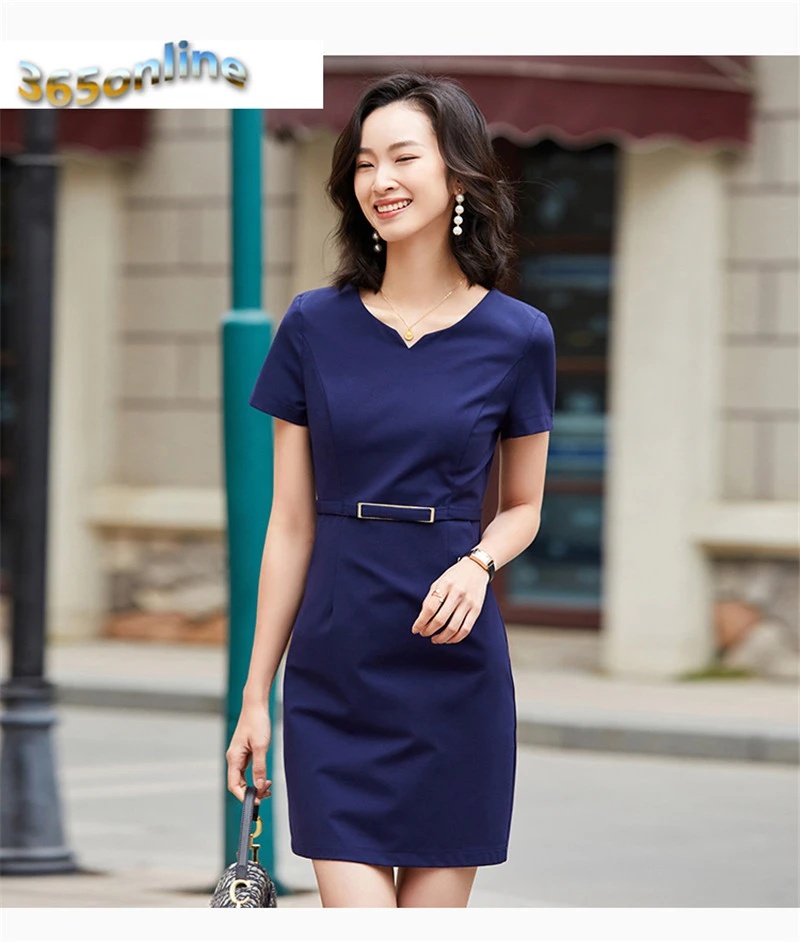 Fashion V-neck Spring Summer Elegant Blue Dresses Ladies Office Business Women Work Wear Dress Slim Hips with Belt Beauty Salon