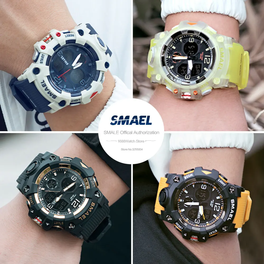 SMAEL Men Sports Digital Watches Dual Time Quartz Wristwatch Orange Chronograph Waterproof Stop Watch часы мужские relogio reloj