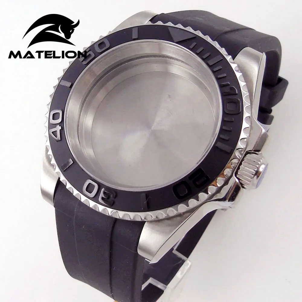 40mm Watch Case fit NH35A NH36A 8215 ET 2836 Curved End Rubber Band Unidirectional Bezel yatch Black ceramic Insert