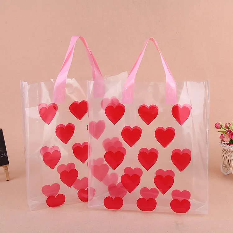 

2019 New Transparent PE Shopping Bags Plastic Gift Bag Cloth Storage Shopping Bag with Handle Love Heart Party Pack Handbags