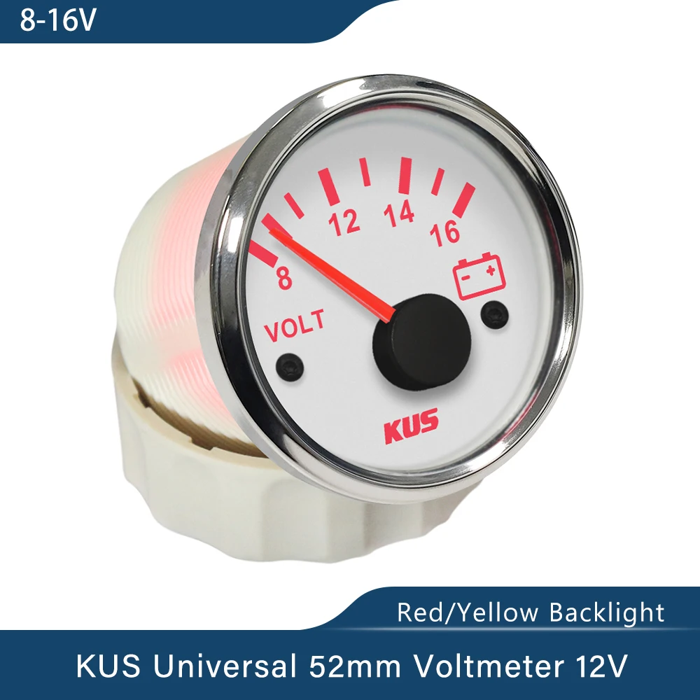 KUS Waterproof 52mm Voltmeter 8-16V 18-32V 9-32V Voltage Gauge with Red Yellow Backlight for Motorcycle Boat Truck Universal