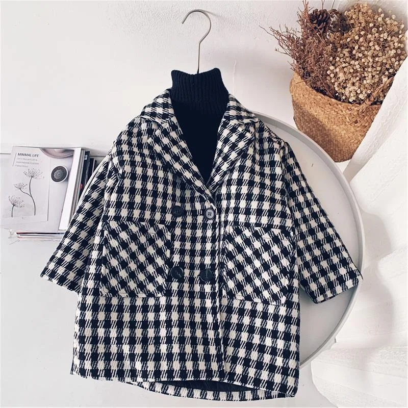 1-10Y Kids Clothes Woolen Plaid Knit Jacket Long Double Breasted Child Lapel Cotton Padding Coat Baby Boy Girl Outerwear Unisex