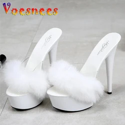 15cm New European and American Slippers Rabbit Hair Super High-heeled Shoes Slim-heeled Sexy Black Waterproof Platform Shoes