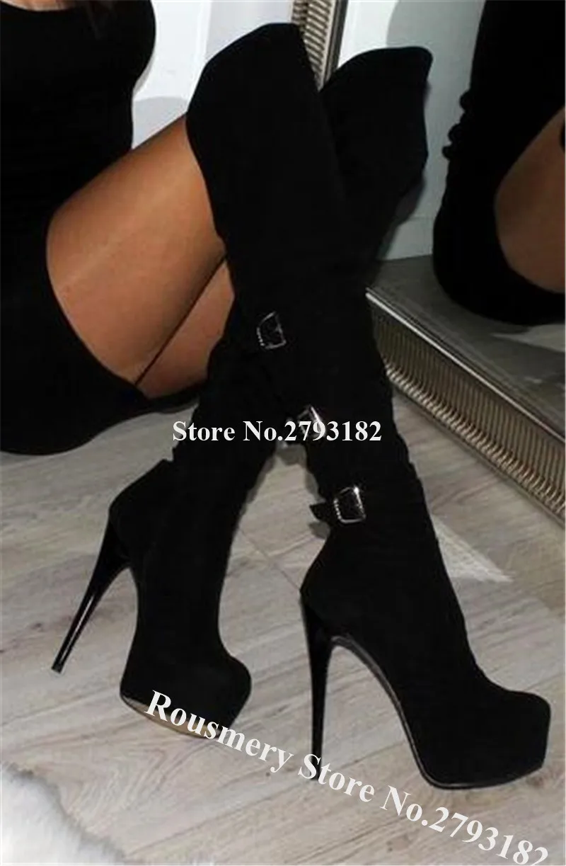 

Women Elegant Round Toe Suede Leather High Platform Stiletto Heel Knee High Boots Buckles Long High Heel Boots Dress Shoes