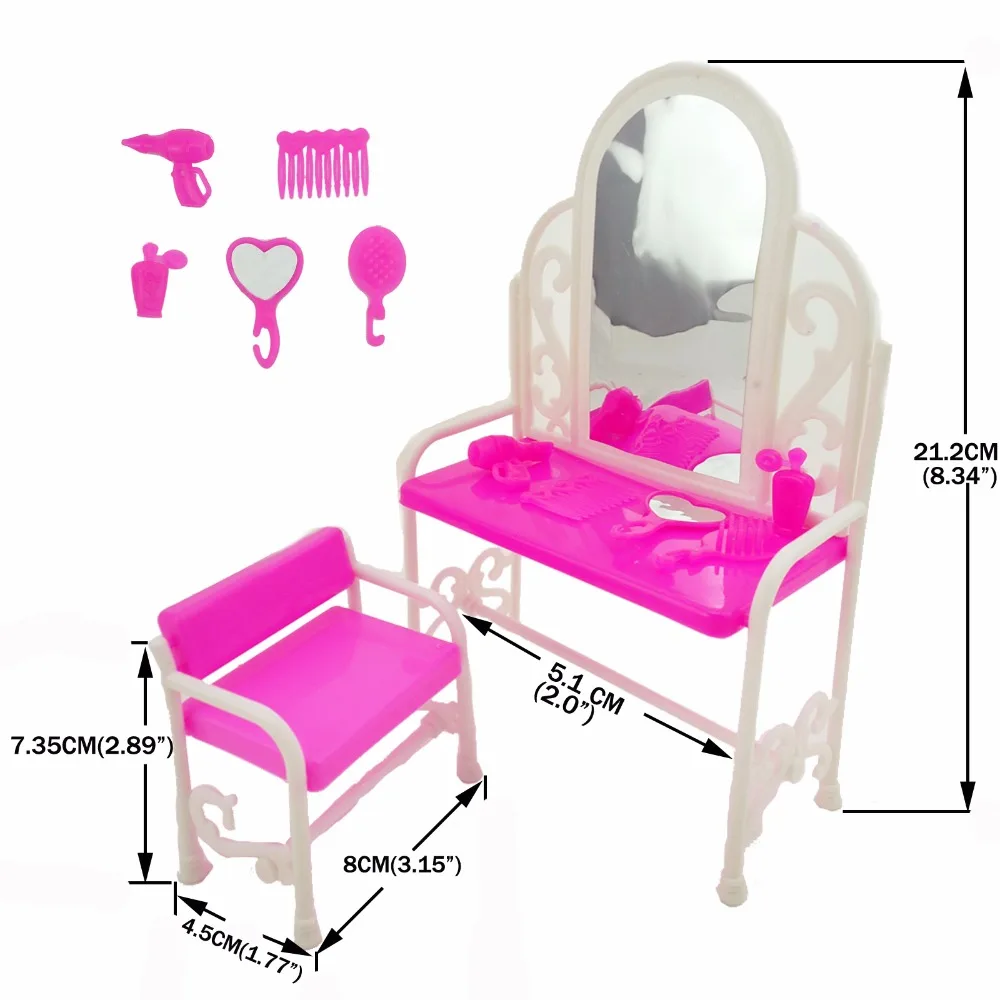 2 Set/ Pack Fashion Pink 1:6 Doll Furniture Lace Bed Sheet Make up Table Chair Bedroom Accessories for 11.5\'\' Doll Kids Toy Gift