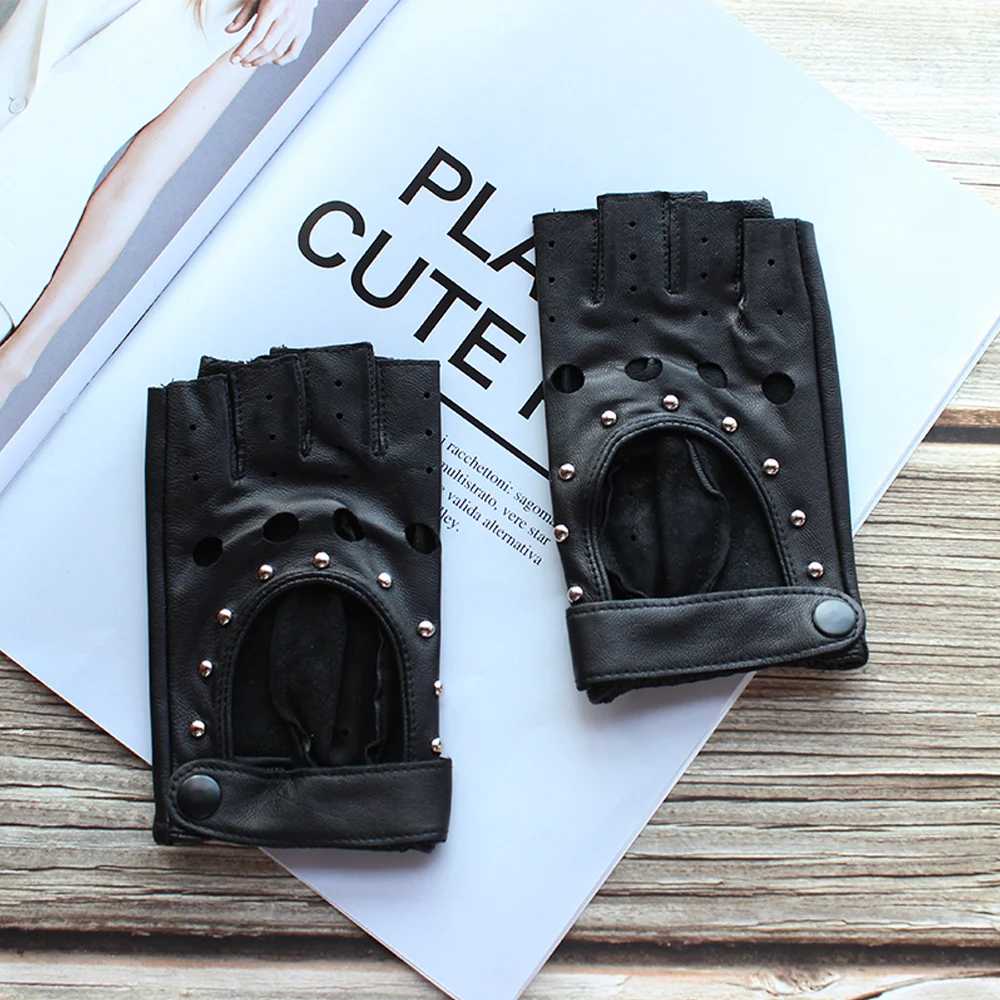 New Half Finger Women Leather Gloves Spring And Summer Thin Goatskin Mittens Hollow Short Sports Riding Driver Colour Gloves