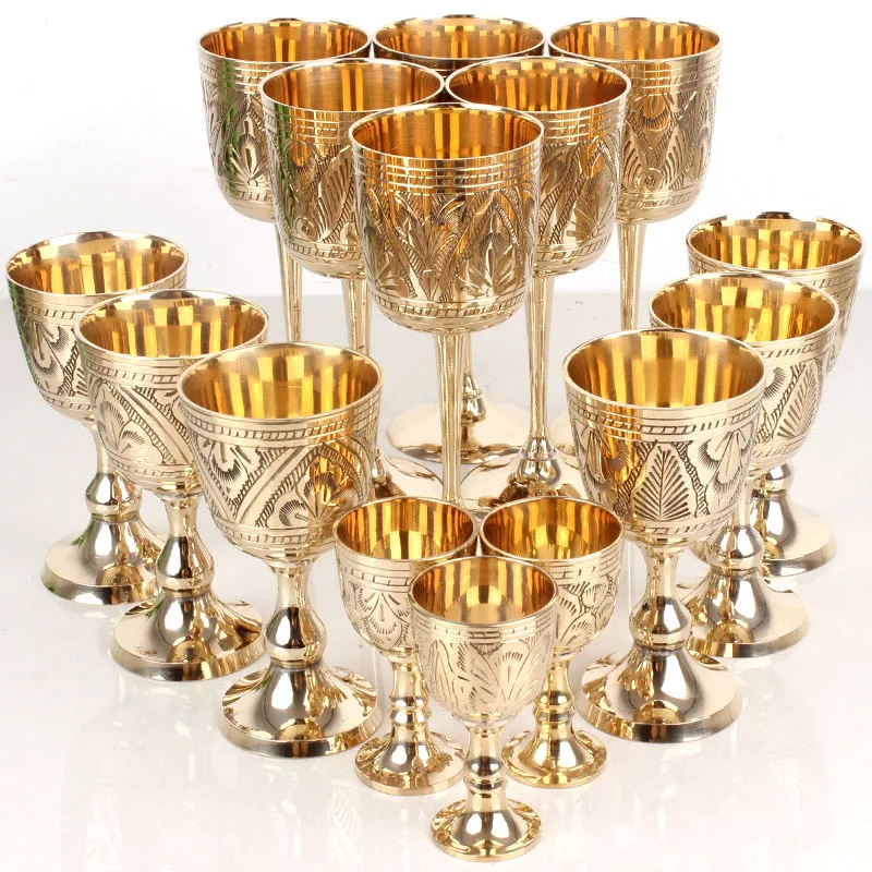 кружка 120ML Pure Brass Wine Glass Classical Wine Cup Handmade Small Goblet Home Bar Party Copper Wine Glass Mug Pattern Random