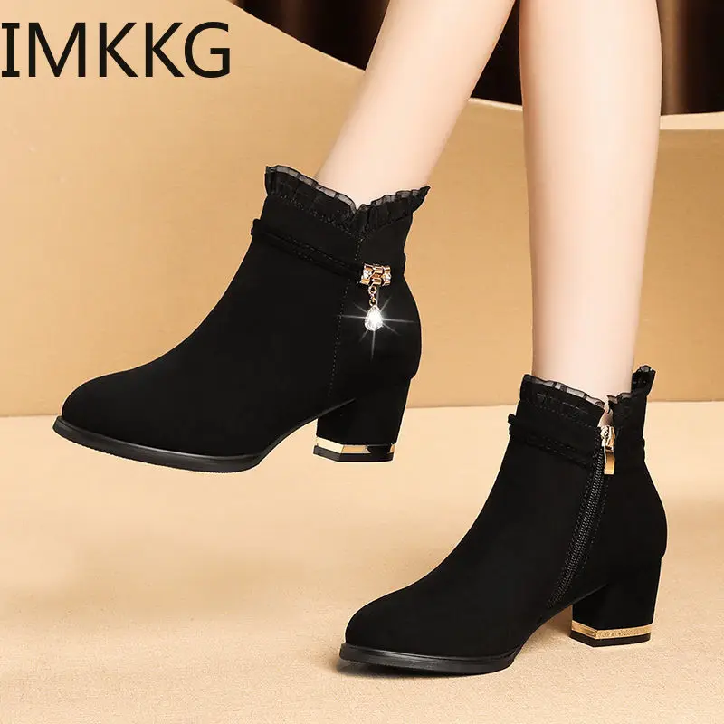 2020 new Elegant Ankle Boots Women\'s Lace Short Boot Lady Fashion Evening Party High Heel Shoes Suede Botas Classic Black