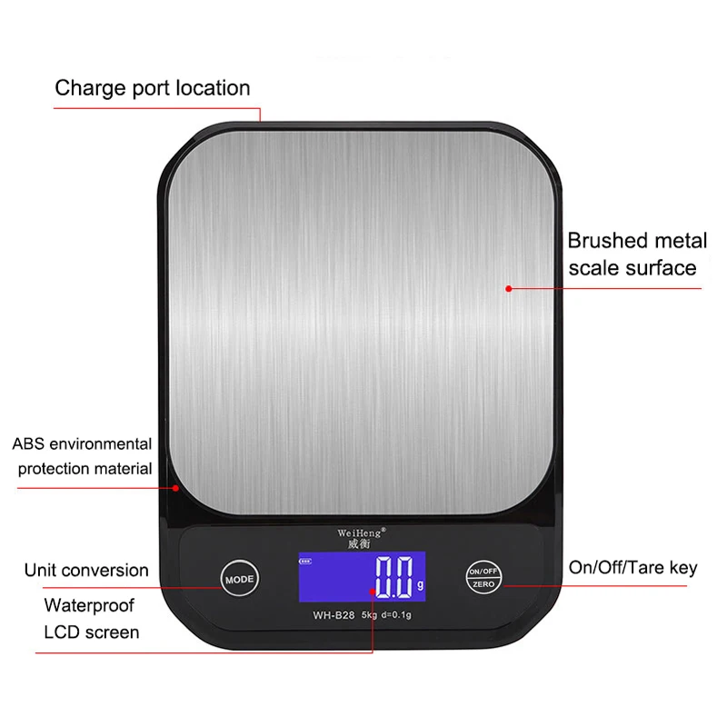 Electronic Scale 10kg 1g  USB Recharging Waterproof 5kg 0.1g Food Kitchen Scale Touch Screen Digital Weighting with LCD Screen