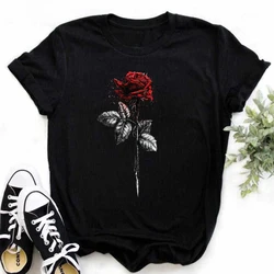 New Red Rose Print Women T Shirt Black T Shirt Harajuku Korean Style Graphic Tops Kawaii Female T-shirt Tops Women T Shirts