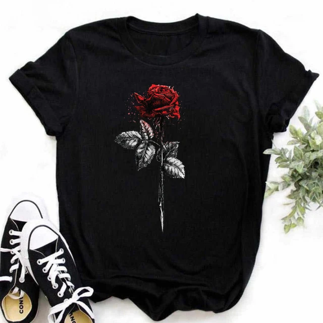 Nowa koszulka damska z nadrukiem czerwonej róży Czarna koszulka Harajuku Koreański styl Graficzne topy Kawaii Damskie koszulki T-shirty damskie
