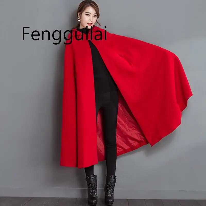 FENGGUILAI 2020 Autumn Winter Womens Capes Red Hooded Poncho Woolen Coats Batwing Long Cloak Capas Ponchos Damas High Quality