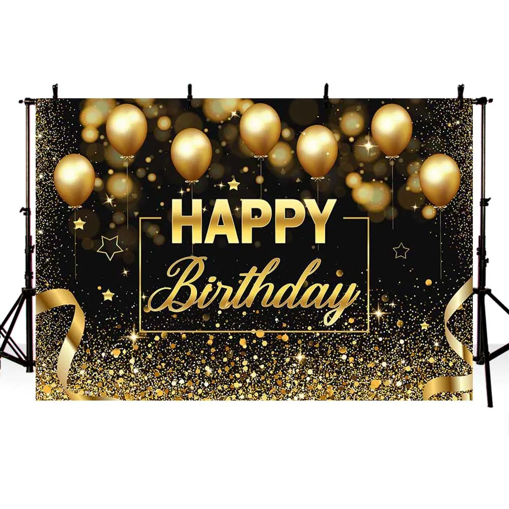 Avezano nero e oro Happy Birthday Party sfondo palloncini Glitter Bokeh Dots uomo donna fotografia sfondo Studio fotografico
