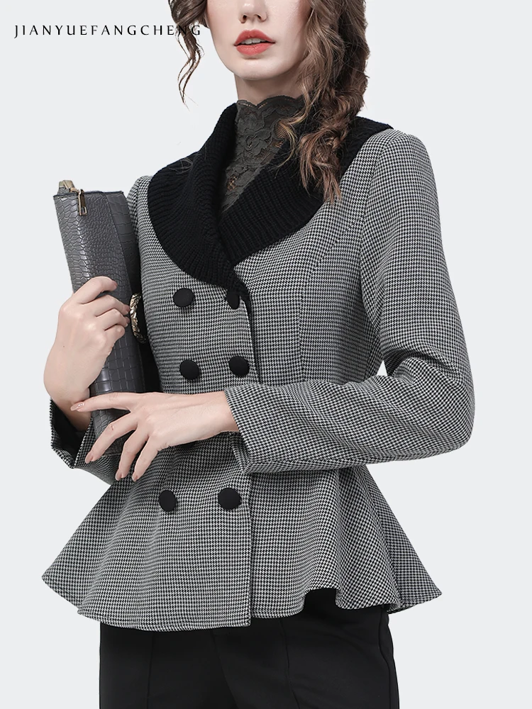 Office Ladies Gray Plaid Blazer With Kntted Collar Short Slim Coat 2021 Autumn New Fitted Waist Female Work Wear Vintage Tops