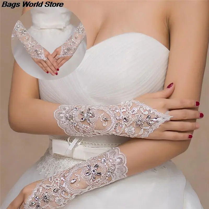 

1 Pair White Ivory Women Fingerless Bridal Gloves Elegant Short Paragraph Rhinestone White Lace Glove Wedding Accessories