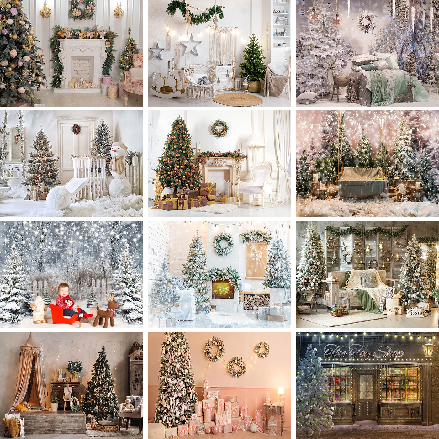 Christmas Backdrop Kids Portrait Trees Decoration Child Baby Photostudio Props Family Photo Banner Wreath Fireplace Background