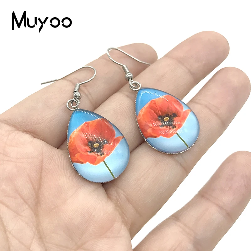 2020 New Blue White Porcelain Pattern Earring Flower Art Panting Tear drop Earring Glass Cabochon Hook Earrings Jewelry