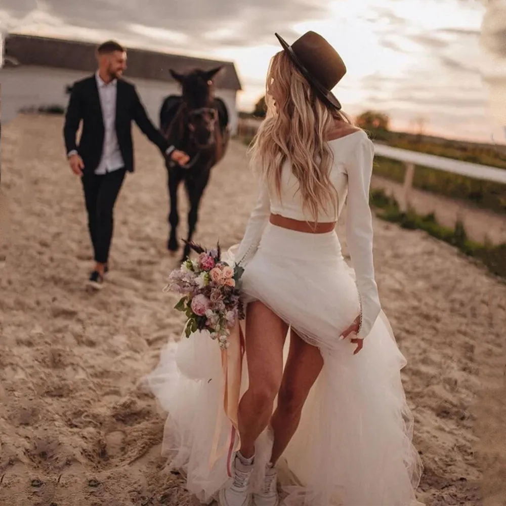 Vestidos de novia de dos piezas de estilo campestre, vestido de novia sencillo de tul de manga larga con cuello redondo, vestidos de novia de playa Vintage personalizados